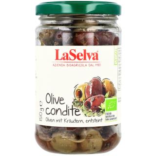Olive condite, Oliven mit Kräutern, entsteint im Glas