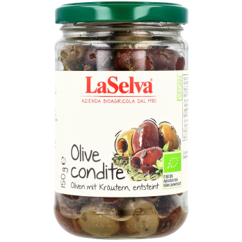 Olive condite, Oliven mit Kräutern, entsteint im Glas